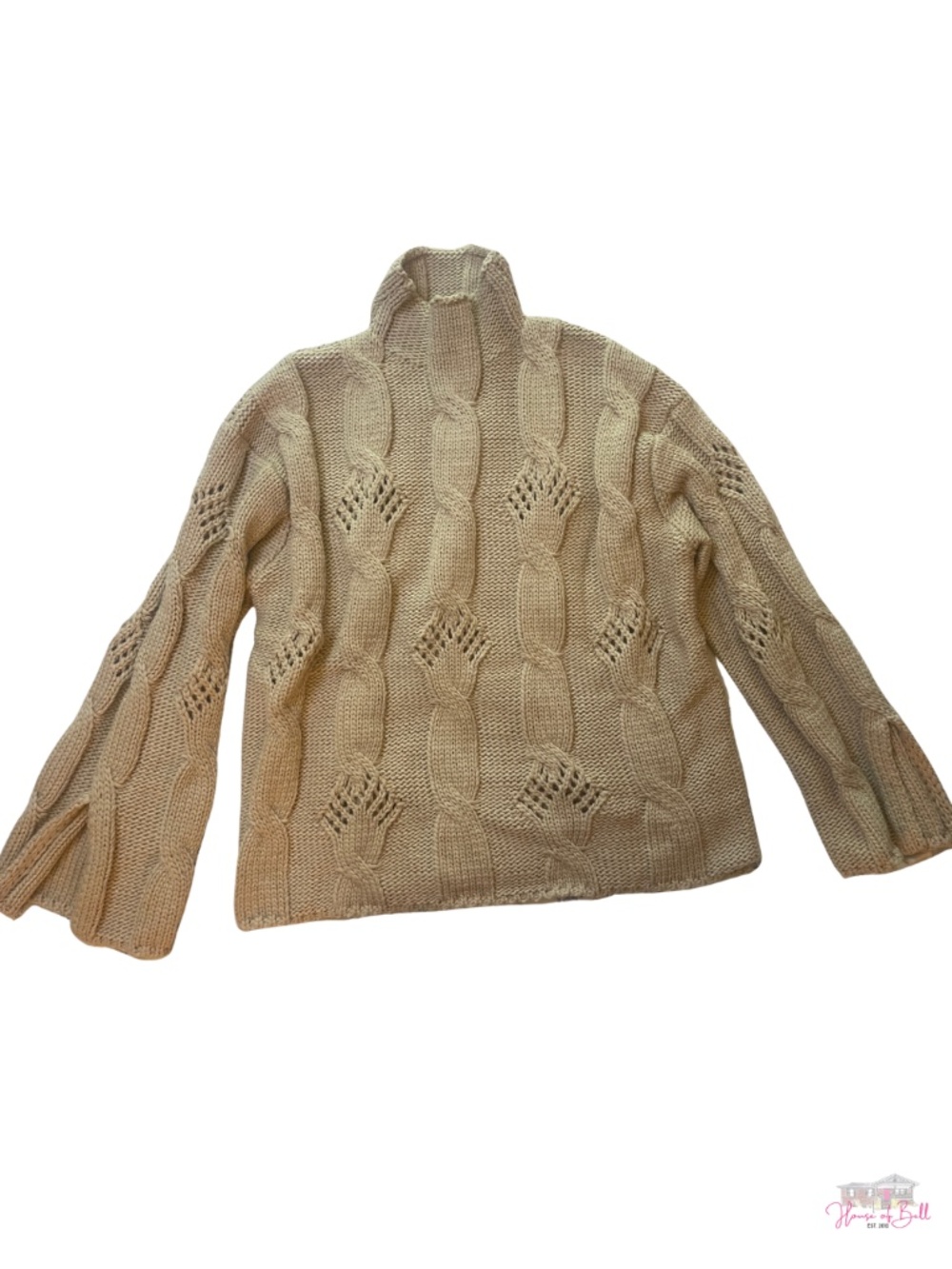 ZARA Beige Cable Knit High Neck Bell Sleeve Sweater Medium